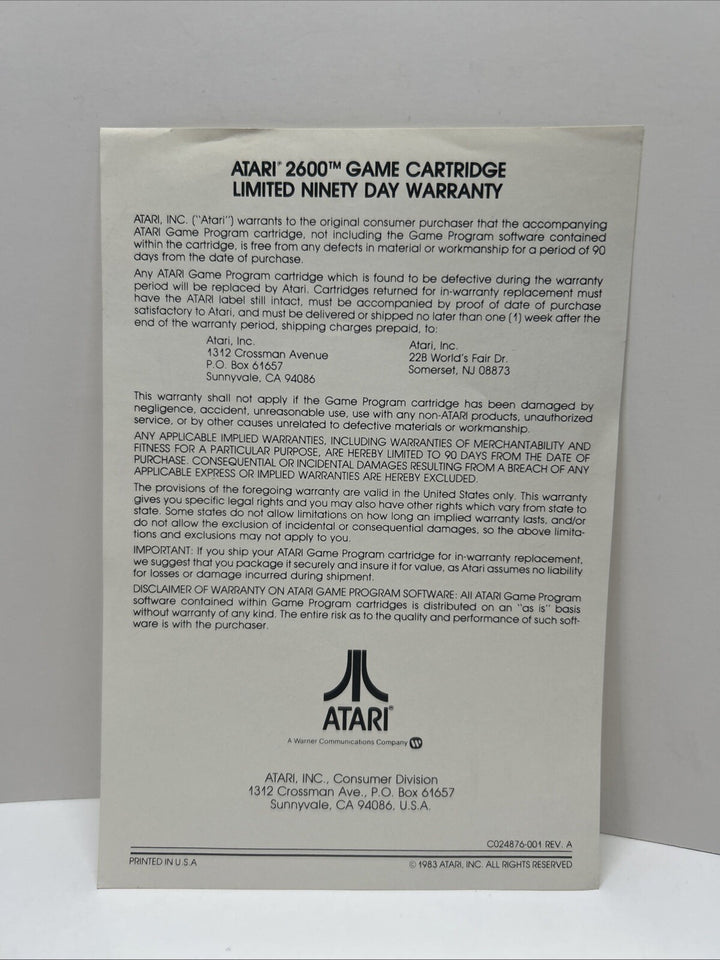 Activision Video Game Cartridge 90 Days Warranty Card Atari 2600 1983- Card Only