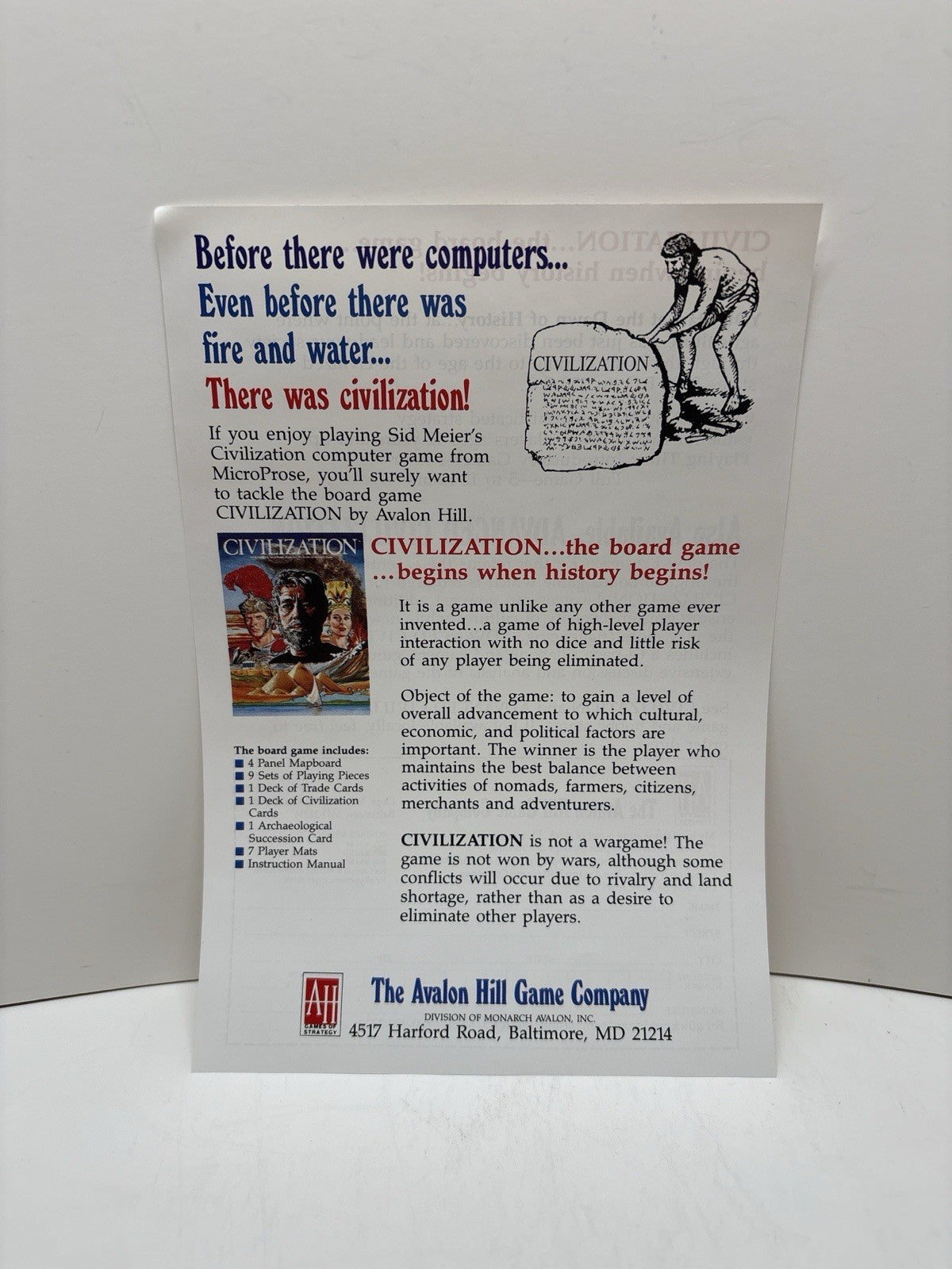 Civilization Board Game Insert – PC Game Big Box Promo Flyer Avalon Hill