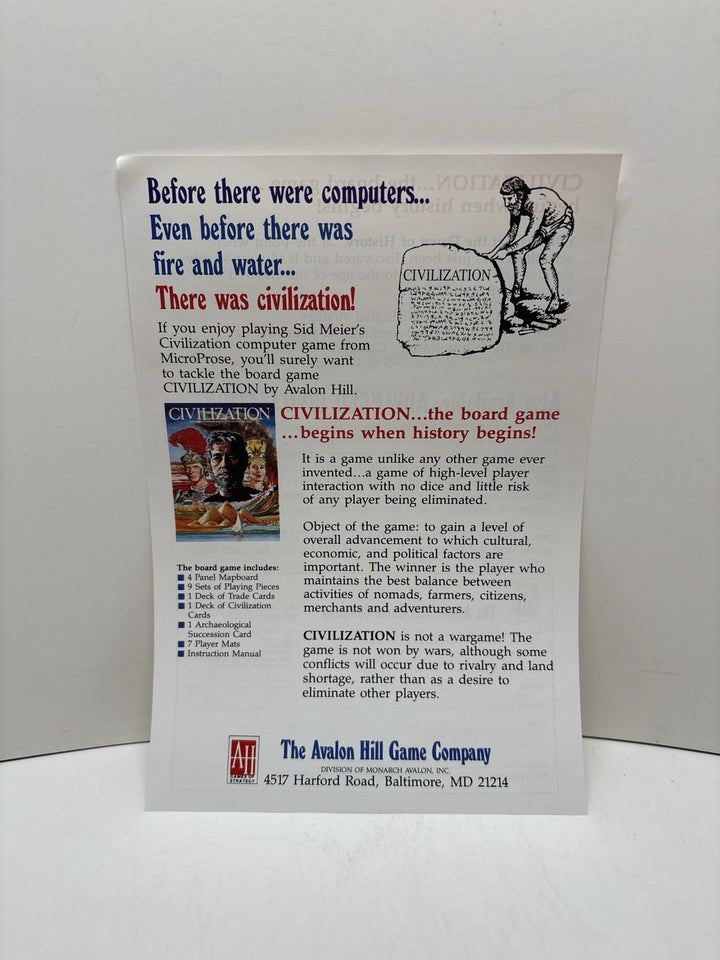 Civilization Board Game Insert – PC Game Big Box Promo Flyer Avalon Hill