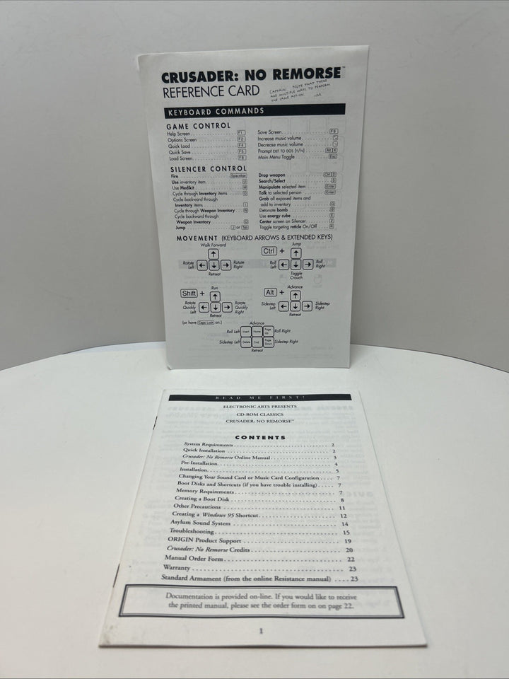 Crusader: No Remorse CD-ROM Classics (PC, 1997) - Reference Card And Read Me Doc