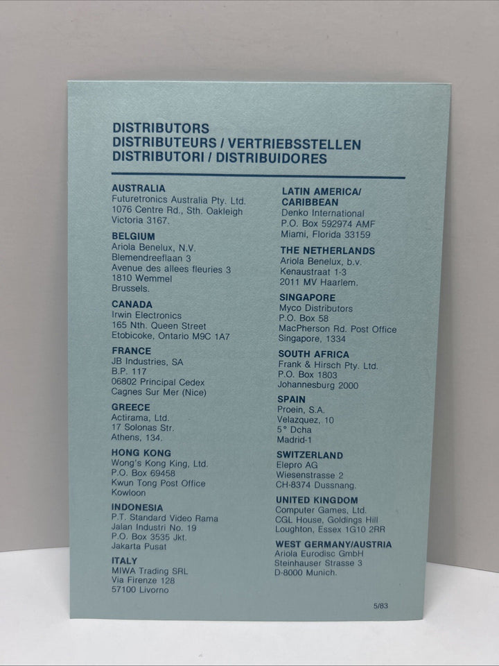 Atari 2600 Distributor List 1983