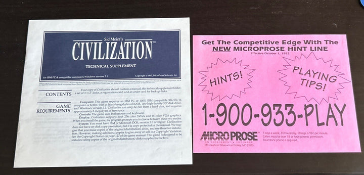 Sid Meier's Civilization (1991) - Microprose, IBM- Technical Supplement And Hint Inserts