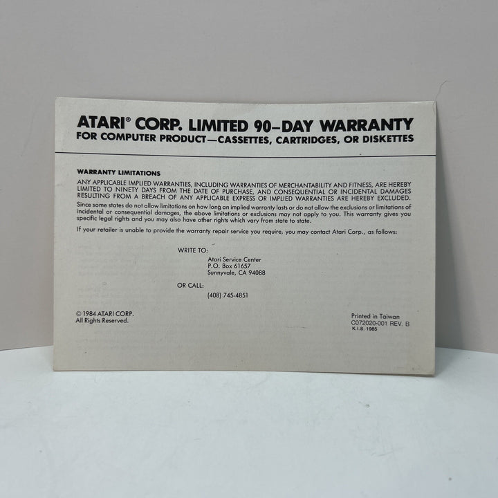 Activision Video Game Cartridge 90 Days Warranty Card Atari 2600 1983- Card Only