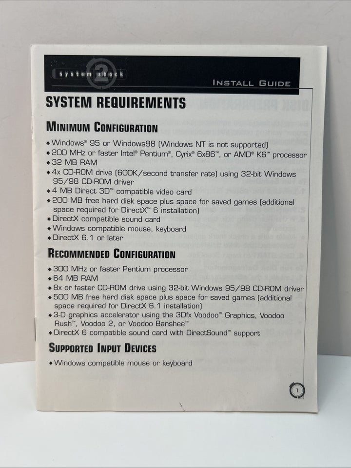 System Shock 2 PC (1999)  System Requirements Insert Only - Complete Your Copy